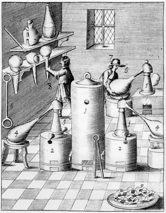 Framed Print : Laboratory for refining gold and silver, showing typical laboratory equipment, 1683 Framed Print : Laboratory for refining gold and silver, showing typical laboratory equipment, 1683