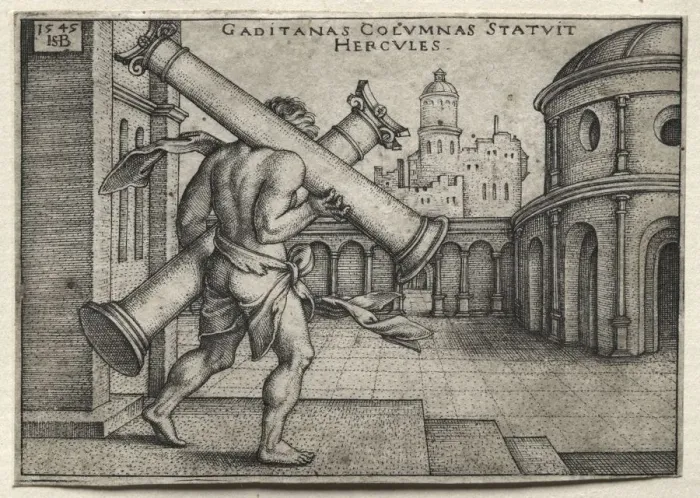 Framed Print : The Labors of Hercules: Hercules Carrying the Columns of Gades, 1545. Creator: Hans Sebald Beham Framed Print : The Labors of Hercules: Hercules Carrying the Columns of Gades, 1545. Creator: Hans Sebald Beham
