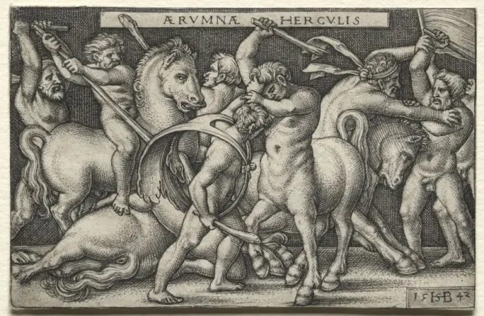 Framed Print : The Labors of Hercules: Hercules Defeating the Centaurs, 1542. Creator: Hans Sebald Beham (German Framed Print : The Labors of Hercules: Hercules Defeating the Centaurs, 1542. Creator: Hans Sebald Beham (German