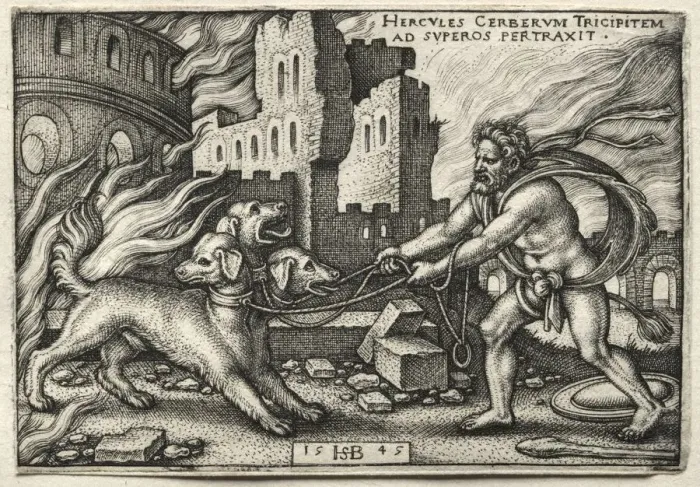 Framed Print : The Labors of Hercules: Hercules Dragging Cerberus from the Underworld, 1545. Creator Framed Print : The Labors of Hercules: Hercules Dragging Cerberus from the Underworld, 1545. Creator