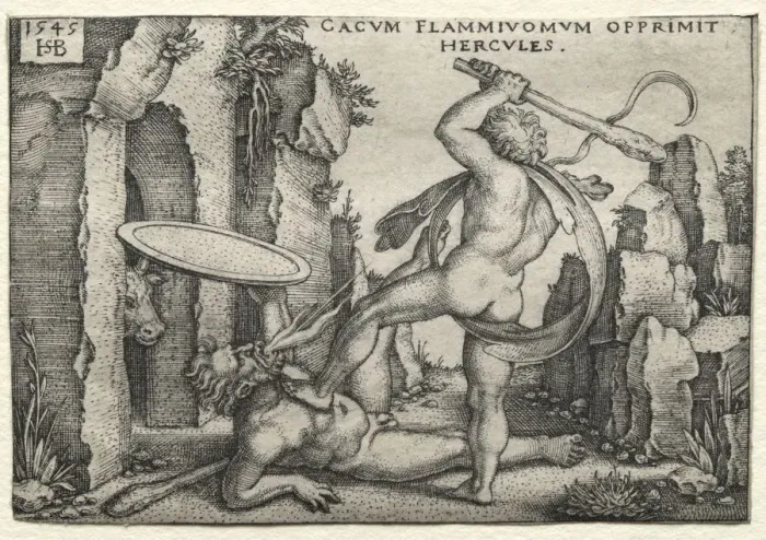 Framed Print : The Labors of Hercules: Hercules Killing the Giant Cacus, 1545. Creator: Hans Sebald Beham (German Framed Print : The Labors of Hercules: Hercules Killing the Giant Cacus, 1545. Creator: Hans Sebald Beham (German