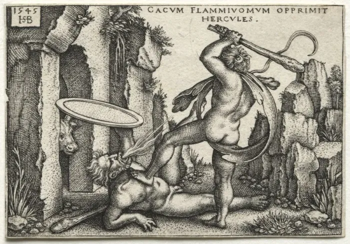 Framed Print : The Labors of Hercules: Hercules Killing the Giant Cacus, 1545. Creator: Hans Sebald Beham (German Framed Print : The Labors of Hercules: Hercules Killing the Giant Cacus, 1545. Creator: Hans Sebald Beham (German