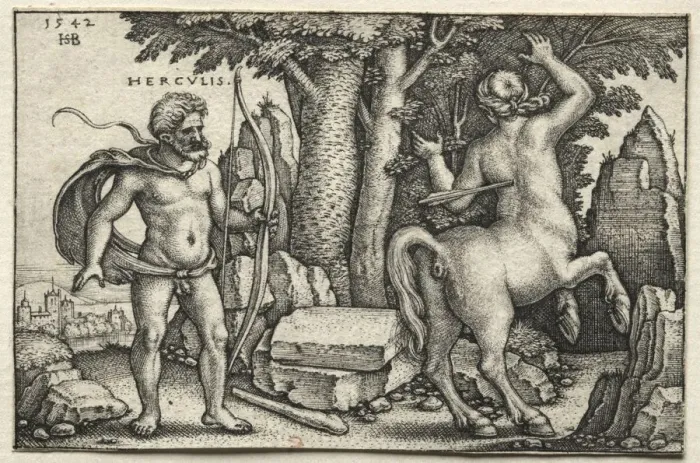 Framed Print : The Labors of Hercules: Hercules Shooting Nessus, 1542. Creator: Hans Sebald Beham (German Framed Print : The Labors of Hercules: Hercules Shooting Nessus, 1542. Creator: Hans Sebald Beham (German