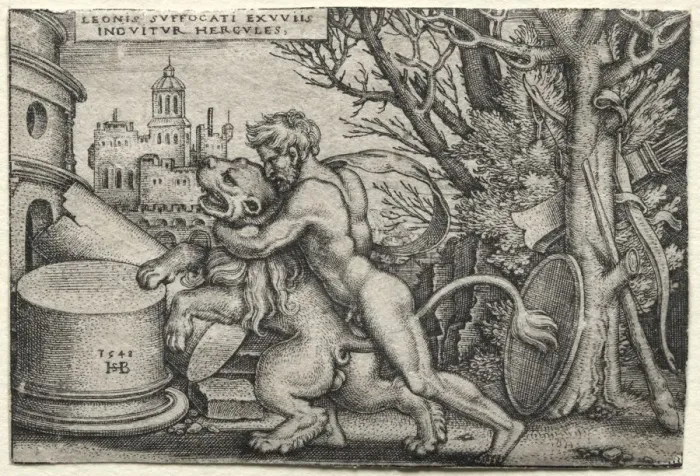 Framed Print : The Labors of Hercules: Hercules Strangling the Nemean Lion, 1548. Creator: Hans Sebald Beham Framed Print : The Labors of Hercules: Hercules Strangling the Nemean Lion, 1548. Creator: Hans Sebald Beham