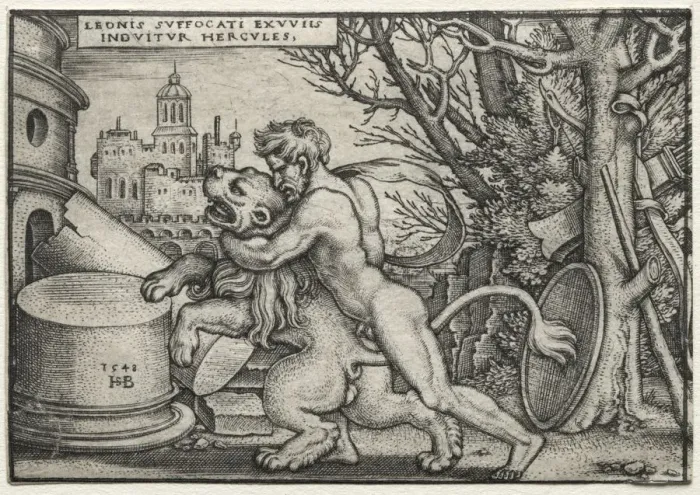 Framed Print : The Labors of Hercules: Hercules Strangling the Nemean Lion, 1548. Creator: Hans Sebald Beham Framed Print : The Labors of Hercules: Hercules Strangling the Nemean Lion, 1548. Creator: Hans Sebald Beham