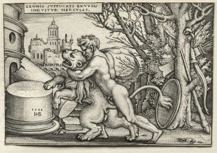 Framed Print : The Labors of Hercules: Hercules Strangling the Nemean Lion, 1548. Creator: Hans Sebald Beham Framed Print : The Labors of Hercules: Hercules Strangling the Nemean Lion, 1548. Creator: Hans Sebald Beham