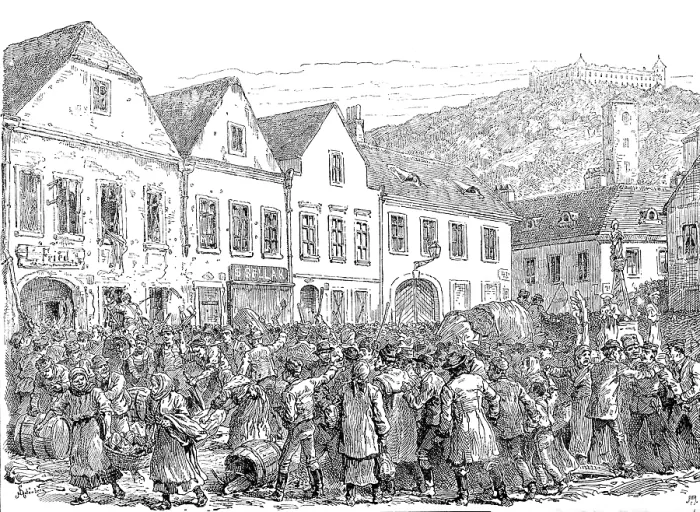 Framed Print : The Labour Agitation in Austria: riots at Fulneck, Moravia, 1890. Creator: Unknown Framed Print : The Labour Agitation in Austria: riots at Fulneck, Moravia, 1890. Creator: Unknown