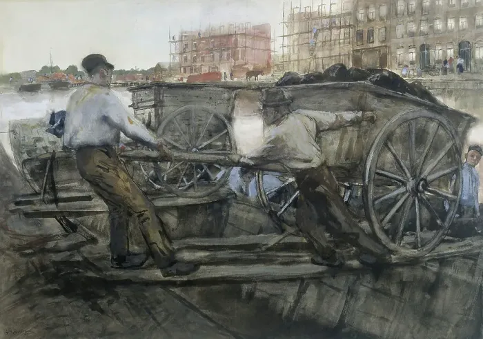 Framed Print : Labourers pulling a heavy cart on Jacob van Lennepkade, Amsterdam, 1900. Creator: George Hendrik Breitner Framed Print : Labourers pulling a heavy cart on Jacob van Lennepkade, Amsterdam, 1900. Creator: George Hendrik Breitner