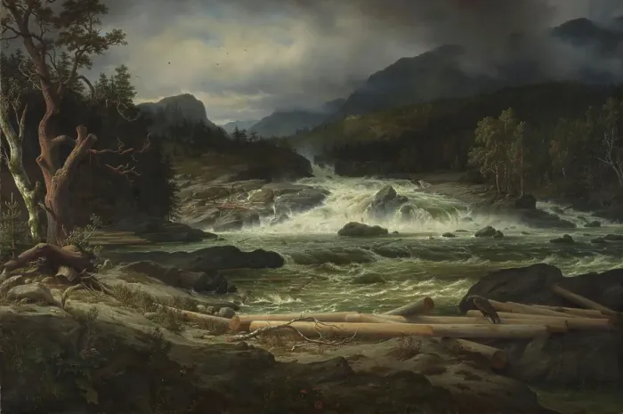Framed Print : The Labro Falls at Kongsberg, 1837. Creator: Thomas Fearnley Framed Print : The Labro Falls at Kongsberg, 1837. Creator: Thomas Fearnley