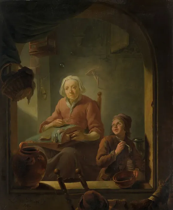 Framed Print : A Lacemaker, with a Boy Blowing Bubbles. Creator: Louis de Moni Framed Print : A Lacemaker, with a Boy Blowing Bubbles. Creator: Louis de Moni