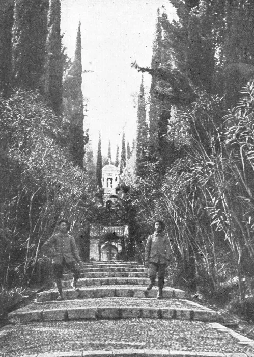 Framed Print : L'Achilleion, transforme en ambulance, est confie a la garde de nos alpins; allee en... c1916. Creator: Robert Vaucher Framed Print : L'Achilleion, transforme en ambulance, est confie a la garde de nos alpins; allee en... c1916. Creator: Robert Vaucher