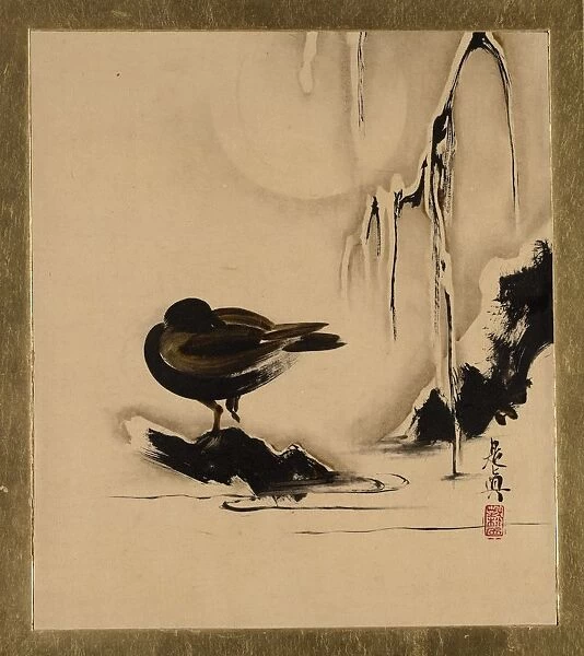 Lacquer Paintings of Various Subjects: Bird and Willow in Snow, 1882. Creator: Shibata Zeshin