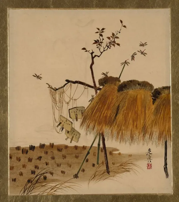 Framed Print : Lacquer Paintings of Various Subjects: Stack of Rice and Dragonflies, 1882. Creator Framed Print : Lacquer Paintings of Various Subjects: Stack of Rice and Dragonflies, 1882. Creator
