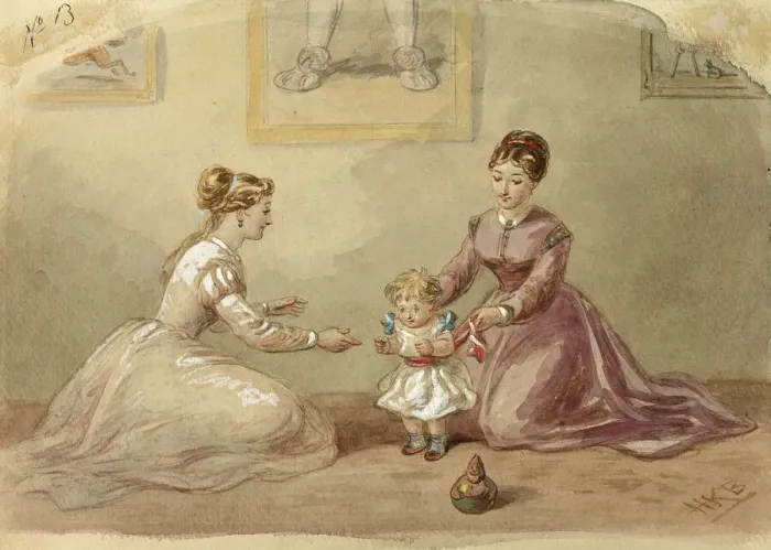 Framed Print : Ladies Coaxing Baby to Walk, n. d. Creator: Hablot Knight Browne Framed Print : Ladies Coaxing Baby to Walk, n. d. Creator: Hablot Knight Browne