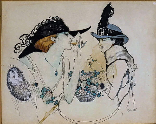 Ladies drinking champagne, drawing by Javier Gose in the Pladellorens Collection