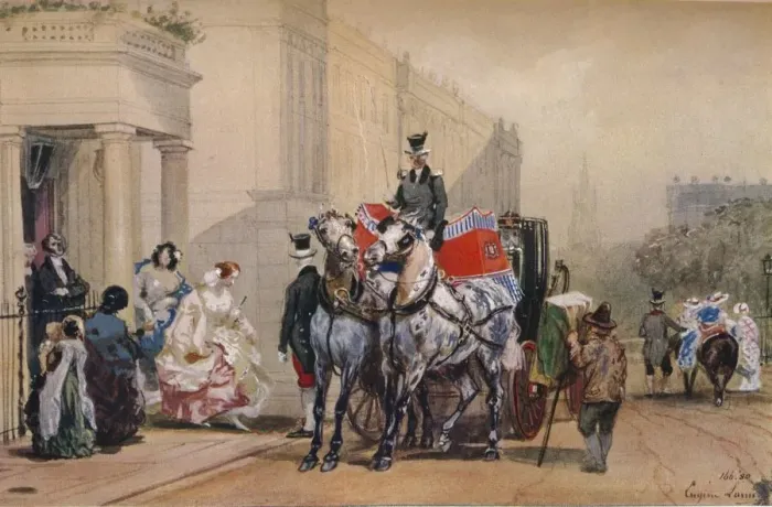 Framed Print : Ladies Entering Their Carriage in Belgrave Square, 19th century. Artist: Eugene Louis Lami