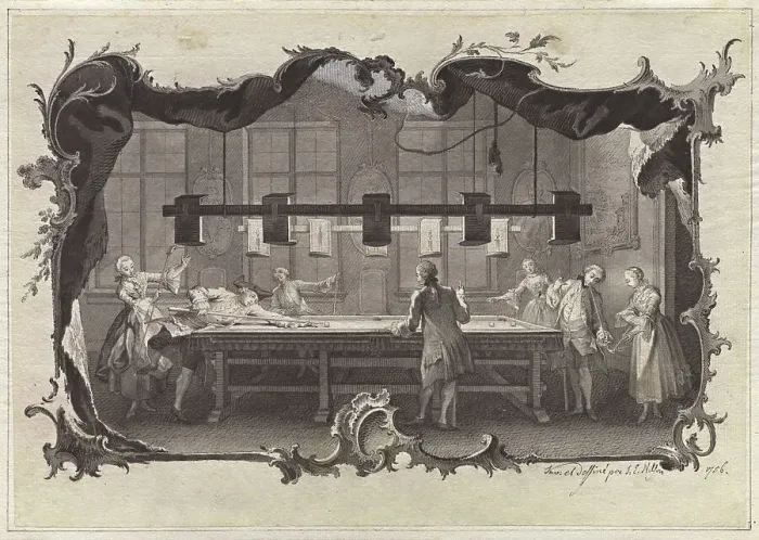 Framed Print : Ladies and Gentlemen Playing Billiards, 1756. Creator: Johann Esaias Nilson Framed Print : Ladies and Gentlemen Playing Billiards, 1756. Creator: Johann Esaias Nilson