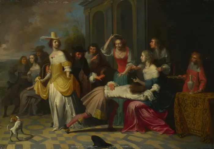 Framed Print : Ladies and Gentlemen playing La Main Chaude, c. 1655-1665. Artist: Janssens, Hieronymus, (Workshop) Framed Print : Ladies and Gentlemen playing La Main Chaude, c. 1655-1665. Artist: Janssens, Hieronymus, (Workshop)