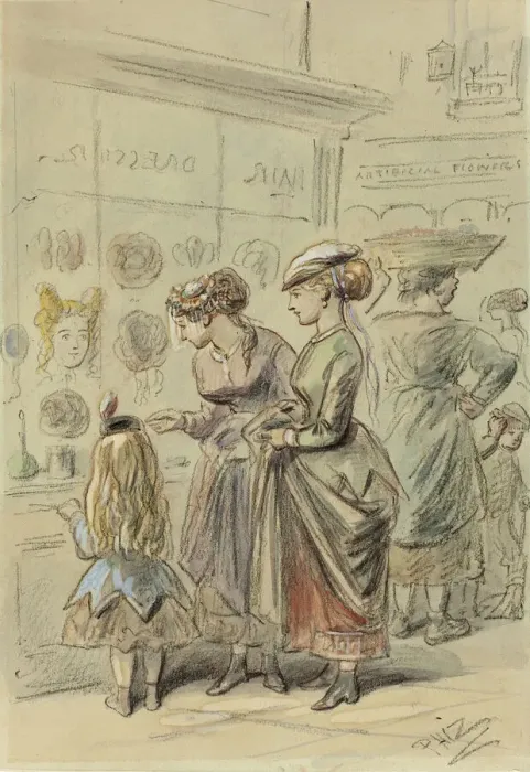 Framed Print : Two Ladies and Little Girl Before Hairdressers Shop, n. d. Creator: Hablot Knight Browne Framed Print : Two Ladies and Little Girl Before Hairdressers Shop, n. d. Creator: Hablot Knight Browne