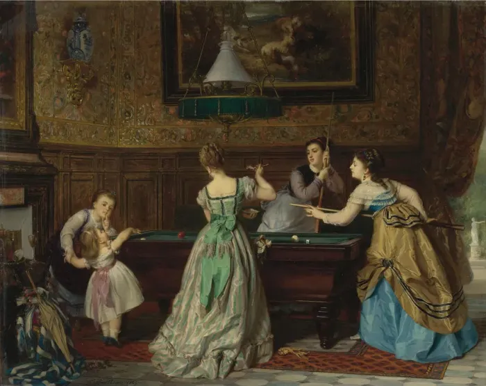 Framed Print : Ladies Playing Billiards, 1869. Artist: Boutibonne, Charles-Edouard (1816-1897) Framed Print : Ladies Playing Billiards, 1869. Artist: Boutibonne, Charles-Edouard (1816-1897)