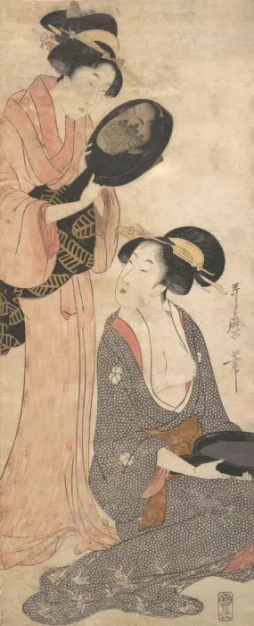 Framed Print : Two Ladies, Each with a Portion of a Lacquered Mirror, 1790s. Creator: Kitagawa Utamaro Framed Print : Two Ladies, Each with a Portion of a Lacquered Mirror, 1790s. Creator: Kitagawa Utamaro
