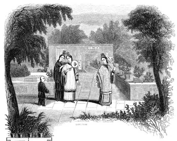 Framed Print : Ladies walking, garden scene of one of the wealthier classes, 1847. Artist: Armstrong Framed Print : Ladies walking, garden scene of one of the wealthier classes, 1847. Artist: Armstrong