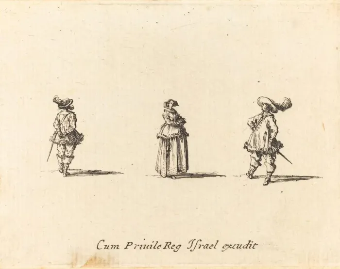 Framed Print : Lady with Arms Folded, and Two Gentlemen, probably 1634. Creator: Jacques Callot Framed Print : Lady with Arms Folded, and Two Gentlemen, probably 1634. Creator: Jacques Callot