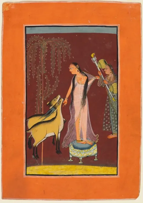 Framed Print : A Lady with Attendant and a Pair of Deer, probably Gujari Ragini of Dipak, from a Pahari Ragamala Framed Print : A Lady with Attendant and a Pair of Deer, probably Gujari Ragini of Dipak, from a Pahari Ragamala