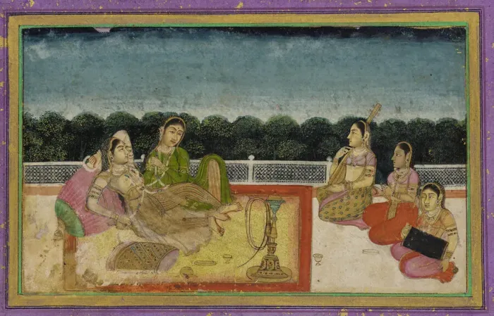 Framed Print : A Lady and attendant on a terrace at evening, with three women musicians, 18th century Framed Print : A Lady and attendant on a terrace at evening, with three women musicians, 18th century
