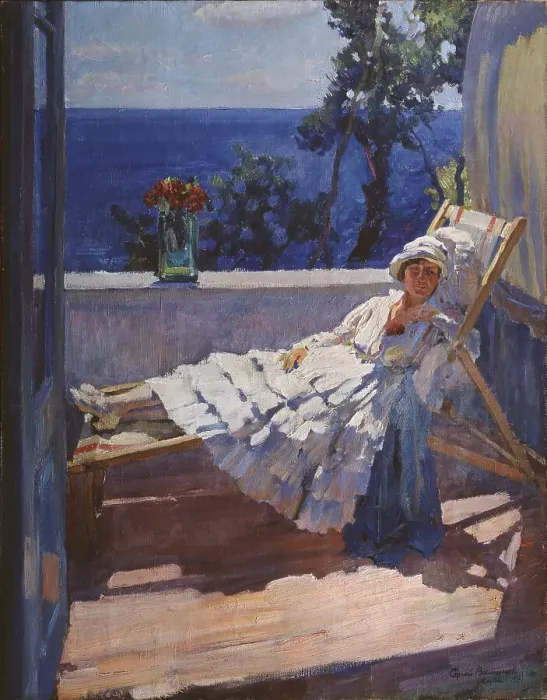 Framed Print : A lady on the balcony, 1916. Artist: Vinogradov, Sergei Arsenyevich (1869-1938) Framed Print : A lady on the balcony, 1916. Artist: Vinogradov, Sergei Arsenyevich (1869-1938)