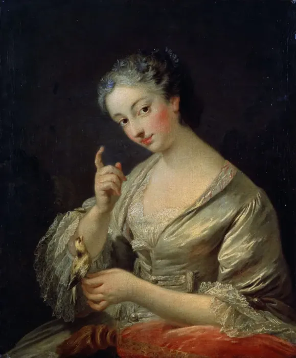 Framed Print : Lady with a Bird, 18th century. Artist: Louis Michel van Loo Framed Print : Lady with a Bird, 18th century. Artist: Louis Michel van Loo