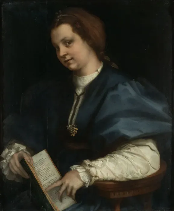 Framed Print : Lady with a book of Petrarchs rhyme, 1528. Artist: Andrea del Sarto (1486-1531) Framed Print : Lady with a book of Petrarchs rhyme, 1528. Artist: Andrea del Sarto (1486-1531)