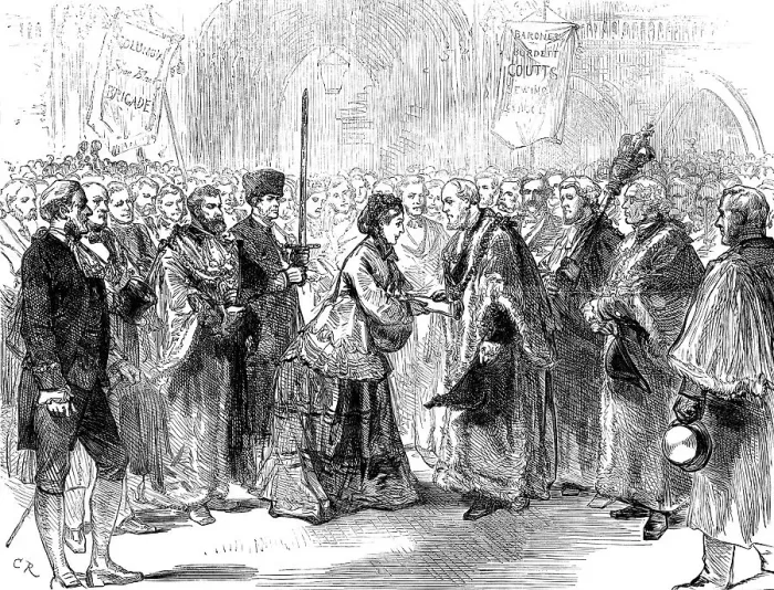 Framed Print : Lady Burdett-Coutts delivering Columbia Market to the Lord Mayor, 1871. Creator: Unknown