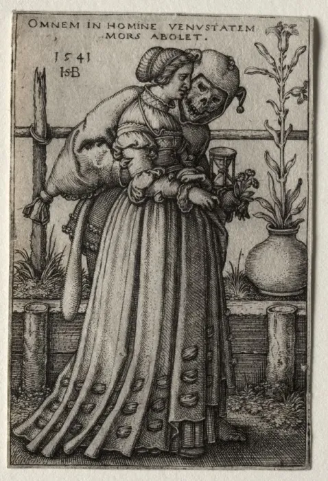 Framed Print : The Lady of Death Masquerading as a Fool, 1541. Creator: Hans Sebald Beham (German, 1500-1550) Framed Print : The Lady of Death Masquerading as a Fool, 1541. Creator: Hans Sebald Beham (German, 1500-1550)