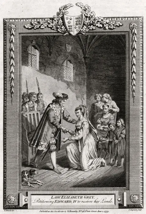 Framed Print : Lady Elizabeth Grey, petitioning Edward IV to restore her lands, 15th century, (1777). Artist: Charles Grignion Framed Print : Lady Elizabeth Grey, petitioning Edward IV to restore her lands, 15th century, (1777). Artist: Charles Grignion