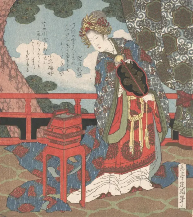 Framed Print : Lady with Fan Standing on Verandah, 19th century. Creator: Gakutei Framed Print : Lady with Fan Standing on Verandah, 19th century. Creator: Gakutei