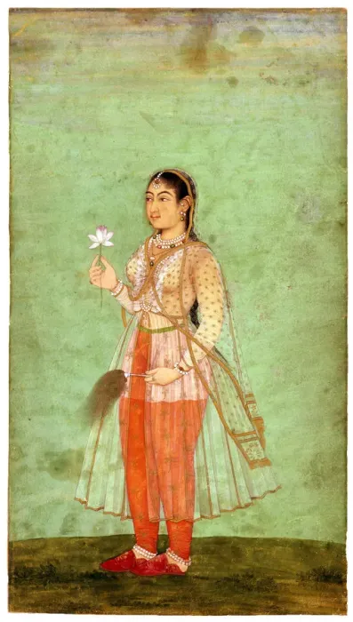 Framed Print : A Lady with Flower and Fly Whisk, c. 1630. Artist: Indian Art Framed Print : A Lady with Flower and Fly Whisk, c. 1630. Artist: Indian Art