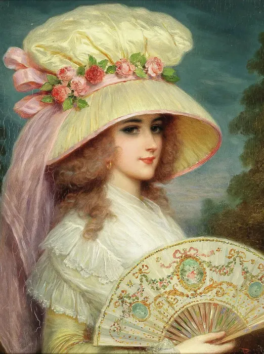 Framed Print : Lady with flowered hat and fan. Creator: Rossi, Lucius (1846-1913) Framed Print : Lady with flowered hat and fan. Creator: Rossi, Lucius (1846-1913)