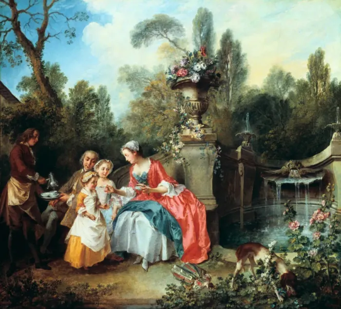 Framed Print : A Lady in a Garden taking Coffee with some Children, probably 1742. Artist: Nicolas Lancret