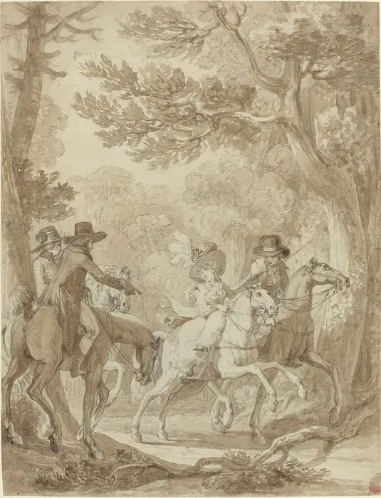 Framed Print : Lady and Gentlemen Riding in a Park. Creator: Jean-Michel Moreau Framed Print : Lady and Gentlemen Riding in a Park. Creator: Jean-Michel Moreau