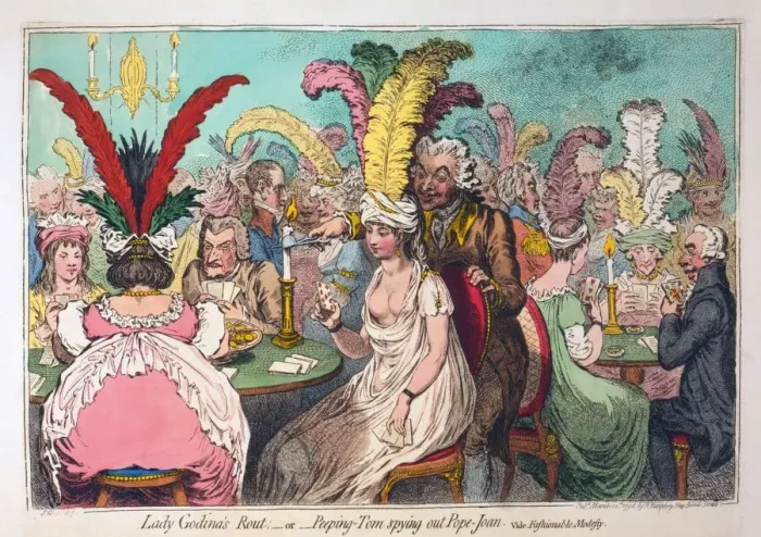 Framed Print : Lady Godinas Rout or Peeping Tom spying out Pope Joan, 1796 Framed Print : Lady Godinas Rout or Peeping Tom spying out Pope Joan, 1796