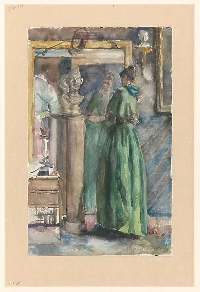 Lady in green dress standing in front of a mirror, 1874-1918. Creator: Martinus van Andringa