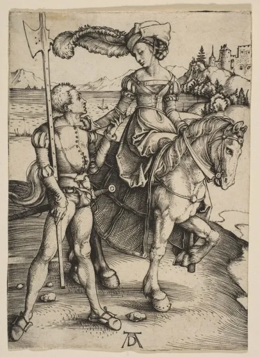 Framed Print : The Lady on Horseback and the Lansquenet, ca. 1497. Creator: Albrecht Durer