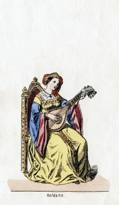 Framed Print : Lady-in-waiting, costume design for Shakespeares play, Henry VIII, 19th century Framed Print : Lady-in-waiting, costume design for Shakespeares play, Henry VIII, 19th century
