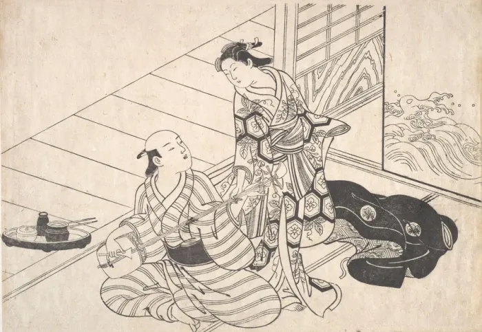 Framed Print : Lady Interrupting Her Lover, who is Playing the Shamisen. Creator: Nishikawa Sukenobu Framed Print : Lady Interrupting Her Lover, who is Playing the Shamisen. Creator: Nishikawa Sukenobu