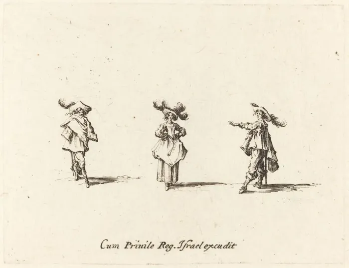 Framed Print : Lady with Large Plumes, and Two Gentlemen, probably 1634. Creator: Jacques Callot Framed Print : Lady with Large Plumes, and Two Gentlemen, probably 1634. Creator: Jacques Callot