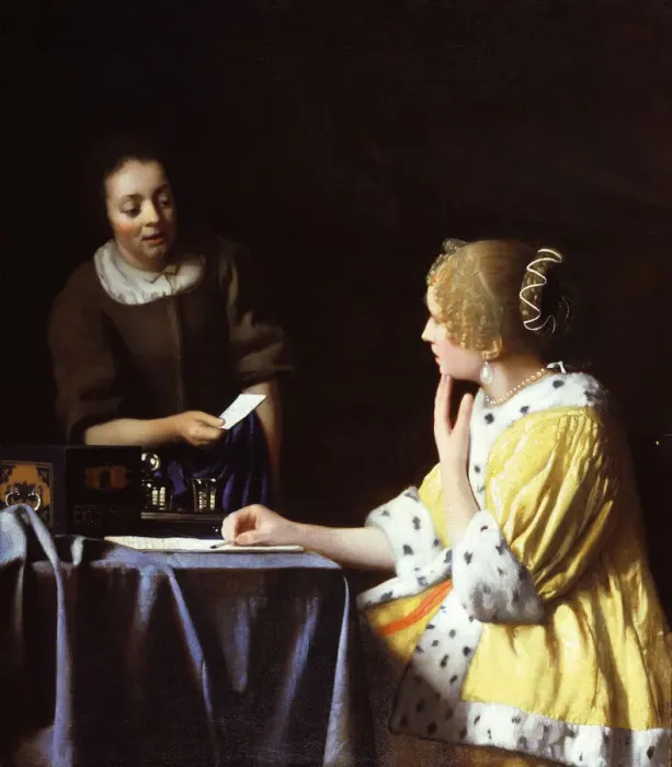 Framed Print : Lady with Her Maidservant Holding a Letter. Artist: Vermeer, Jan (Johannes) (1632-1675) Framed Print : Lady with Her Maidservant Holding a Letter. Artist: Vermeer, Jan (Johannes) (1632-1675)