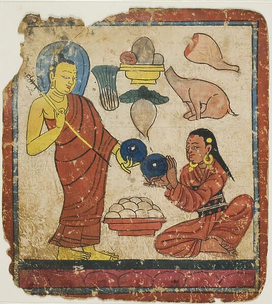 Lady Offering Food to a Monk, From a Set of Initiation Cards (Tsakali), 14th  /  15th century