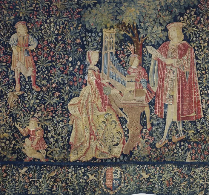 Framed Print : The Lady at the Organ. Tapestry, Early16th century. Creator: Anonymous master Framed Print : The Lady at the Organ. Tapestry, Early16th century. Creator: Anonymous master