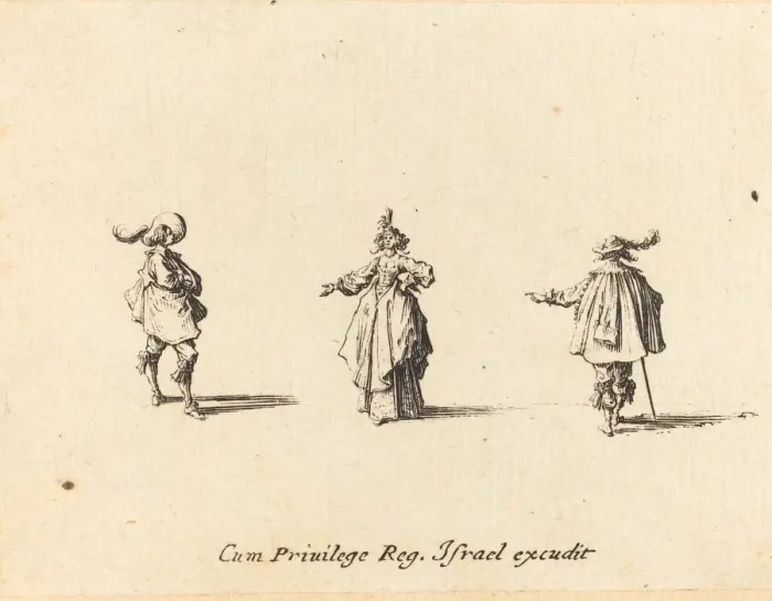 Framed Print : Lady with Outstretched Arm, and Two Gentlemen, probably 1634. Creator: Jacques Callot Framed Print : Lady with Outstretched Arm, and Two Gentlemen, probably 1634. Creator: Jacques Callot